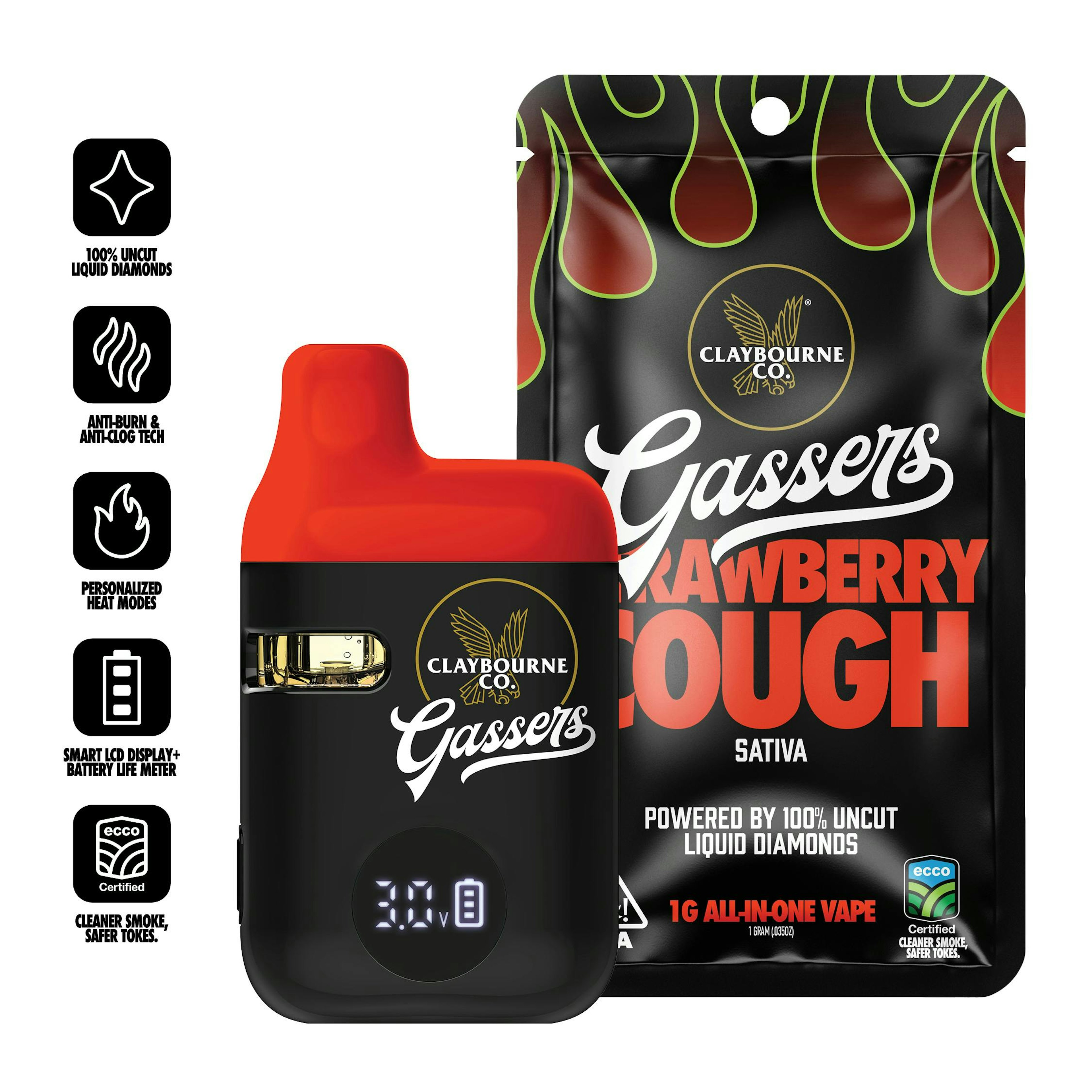 Claybourne Co: Strawberry Cough "Gassers" Vape | Liquid Diamond Disposable - 1g - Claybourne Co. - - $38 - Disposables